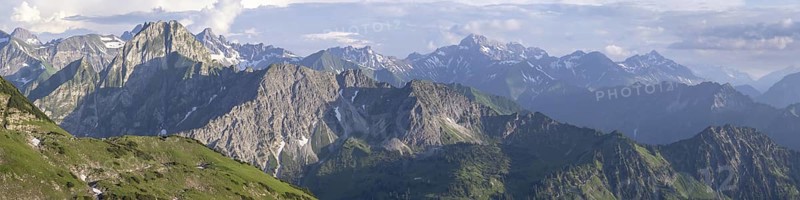 Panorama at sunset from Zeigersattel to Höfats 2259m, Allgäu Alps, Allgäu, Bavaria, Germany