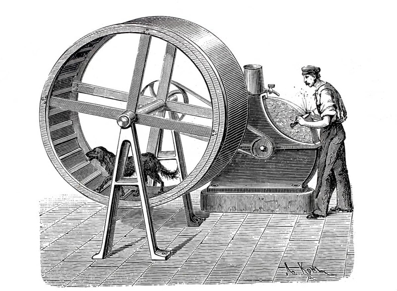 Dog driving the wheel of a whetstone, man sharpening a knife, digitally enhanced reproduction of a 19th century model, historical, exact date unknown