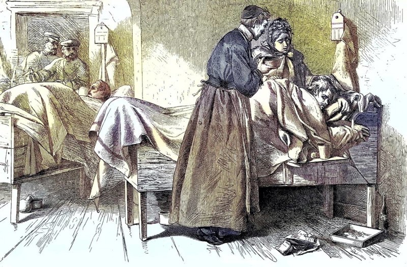 In the Prussian main hospital in Flensburg, Germany, coloured woodcut from 1864, medical staff caring for patients in a historic hospital room