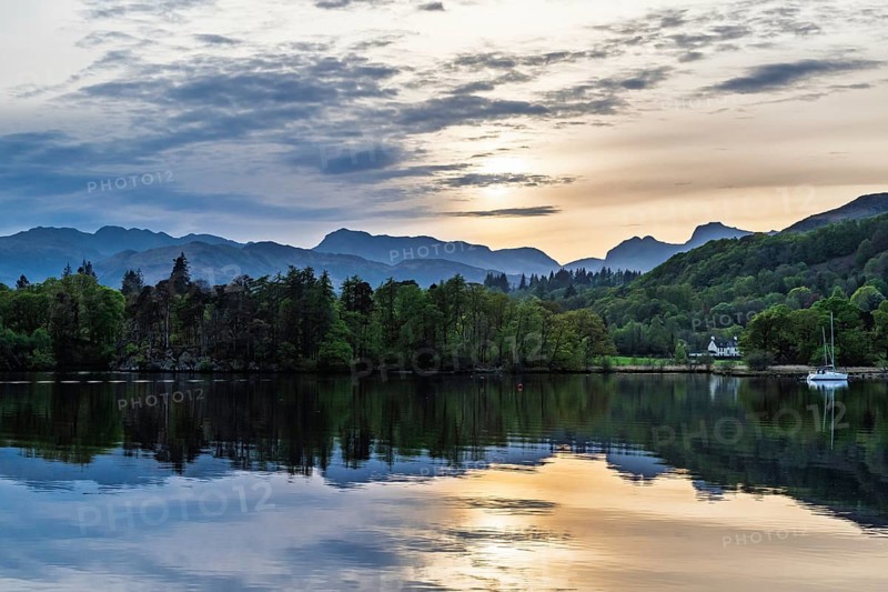 Sunset over Windermere Lake, Ambleside, Lake District, Cumbria, England, United Kingdom