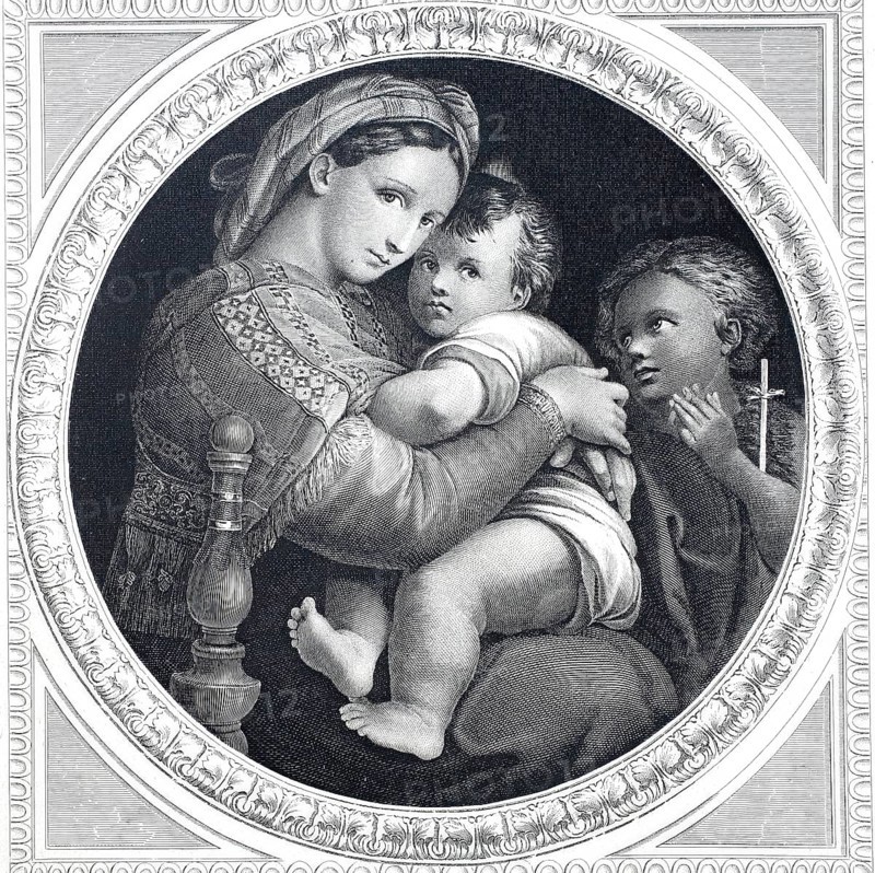 Madonna della Sedia, after a painting by Raphael, illustration from 1870, Palazzo Pitti, Florence, Italy, digitally enhanced reproduction from a 19th century original, historical, exact date unknown