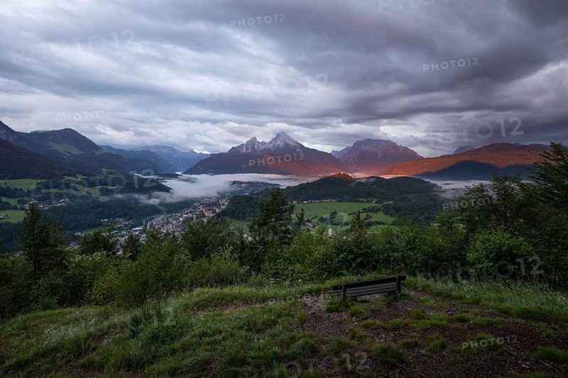 Marxenhöhe near Berchtesgaden with Watzmann view in the morning mist after the rain