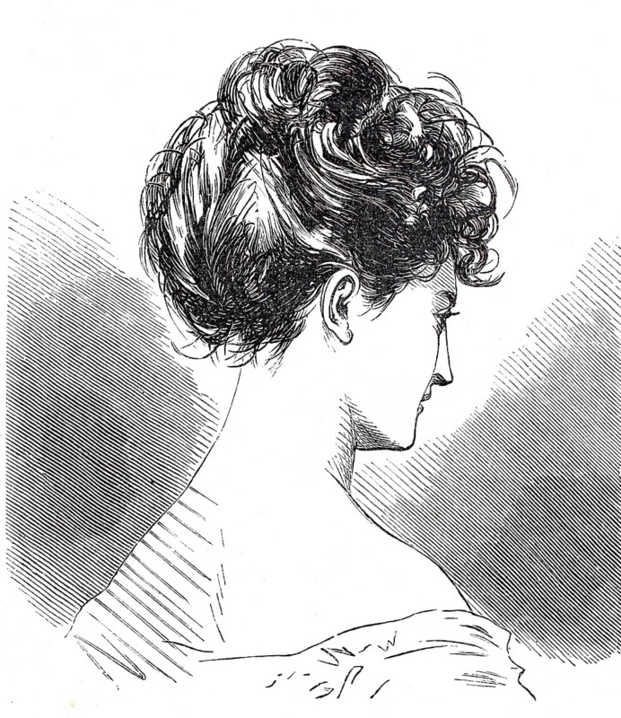 Women's heads, hairstyles and headgear around 1860, hairstyle a la Struwelpeter, short hairstyle, historical, digitally enhanced reproduction of a 19th century model