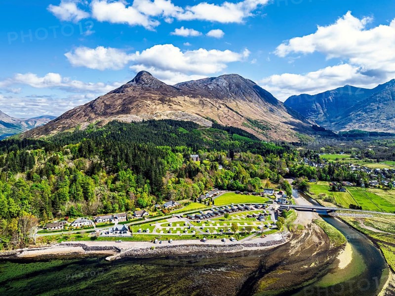 Loch Leven and Holiday Park from a drone, Glencoe, Highland, Scotland, United Kingdom