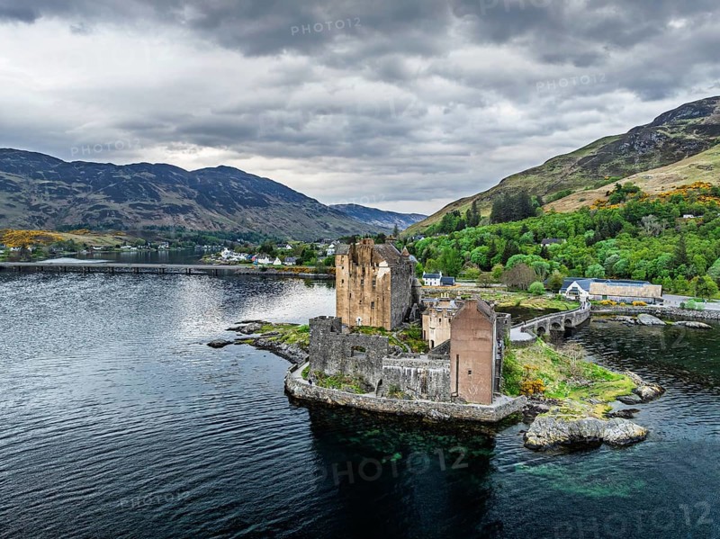 Eilean Donan Castle and Loch Duich from a drone, Isle of Skye, Highlands, Scotland, England, United Kingdom