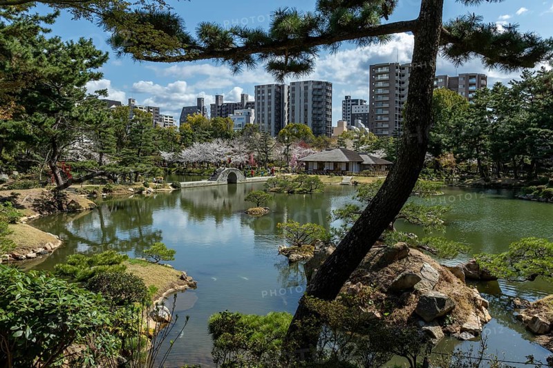Shukkei-en with Sekisui-gan stone formation, green plants, trees and Koko-kyo stone bridge over Takuei-chi pond in spring, historical Japanese strolling garden, Japanese garden, green area, tourist attraction, sight, Naka-ku, Hiroshima, Japan