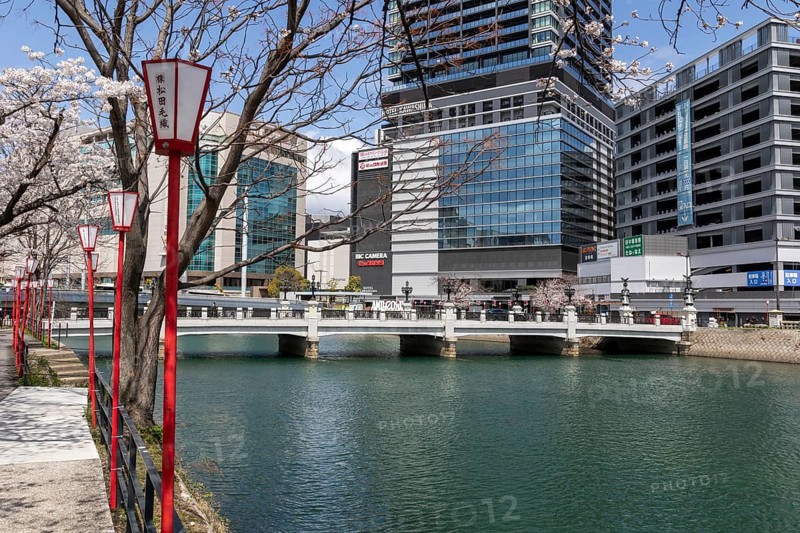 Tourist attraction, landmark, lanterns and blossoming cherry trees on the promenade, Sakura, modern architecture and historic Enkobashi stone bridge over the Enko River, Enko-bashi Bridge, built in 1926, restored in 2016 for the 70th anniversary of the atomic bombing, Enkobashicho, Minami Ward, Hiroshima, Japan