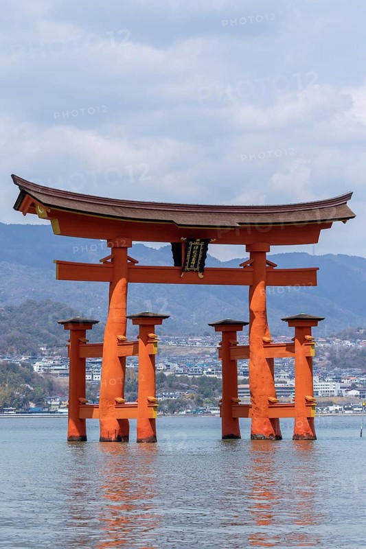 Torii in the water, sight, tourist attraction, UNESCO World Heritage Site, Itsukushima Shrine, Miyajima Island, Hatsukaichi, Hiroshima Prefecture, Japan