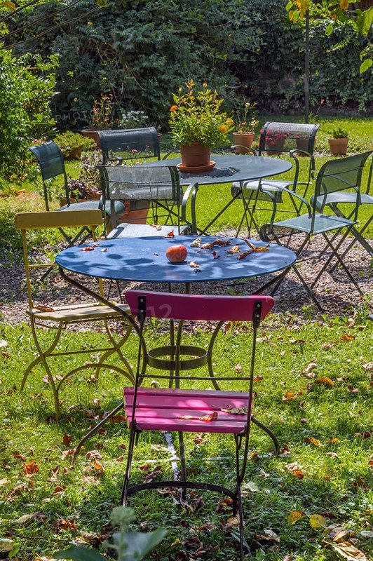 Summer garden idyll, garden with tables and chairs, Dornbirn, Vorarlberg, Austria