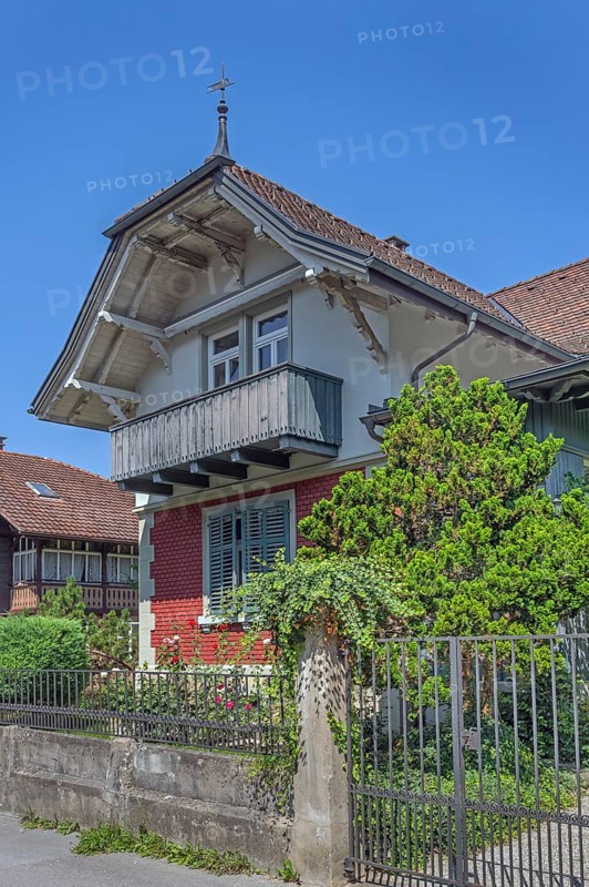 Interesting roof truss of an old villa with wooden balcony, Dornbirn, Vorarlberg, Austria
