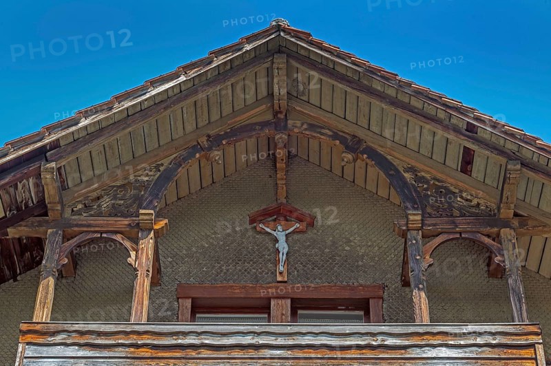 Old villa, wooden shingle façade with crucifix around 1900, Dornbirn, Vorarlberg, Austria