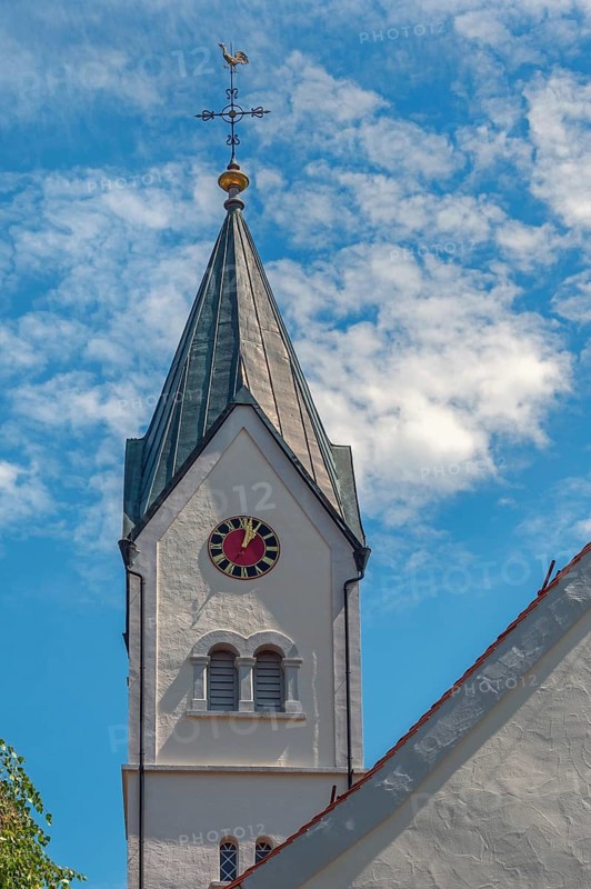 Church tower with clock and weathercock, Church of the Assumption of the Virgin Mary, Frauenzel, Allgäu, Bavaria, Germany