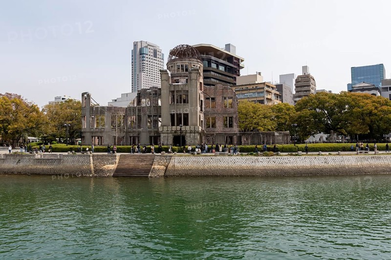 Ruins of the Atomic Bomb Dome, landmark, UNESCO World Heritage Site, peace memorial and memorial to the victims of the atomic bombing of Hiroshima in the Peace Park on the Otagawa River, Naka Ward, Hiroshima, Japan