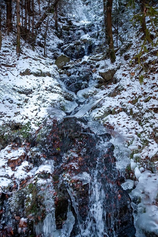 Frozen waterfall in the forest with snow and ice structures, Kamptal Waldviertel Austria