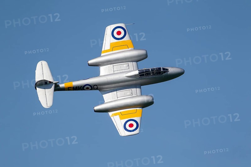 Gloster Meteor military jet aircraft in Royal air force RAF colours flying, England, United Kingdom