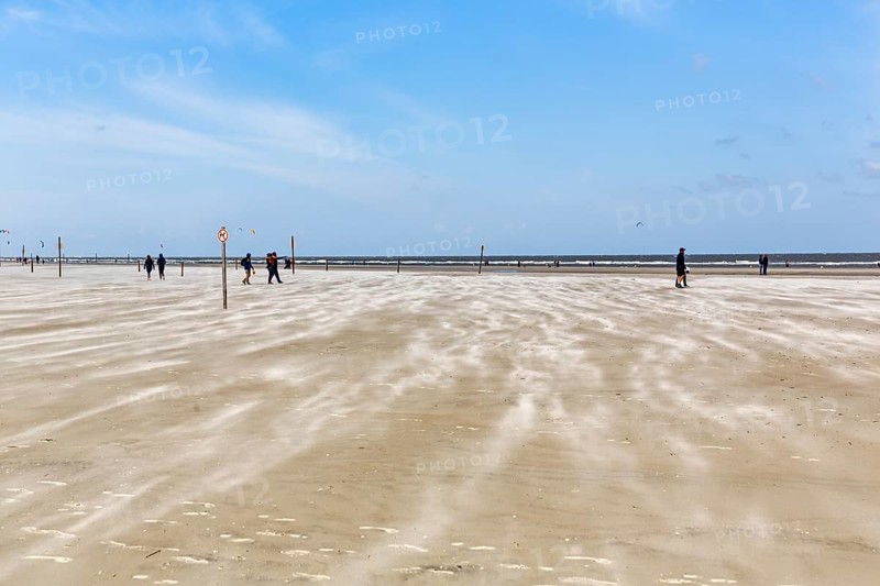 Walk on the sandy beach, sand drifting in the wind, surf on the horizon, Sankt Peter-Ording, Eiderstedt, Wadden Sea National Park, North Frisia, Schleswig-Holstein, Germany
