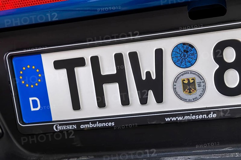 THW licence plate with approval seal of the Procurement Office of the BMI. Stuttgart, Baden-Württemberg, Germany