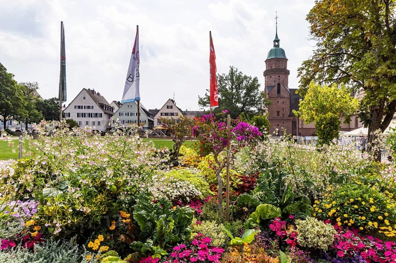 Floral decorations on the market square in Freudenstadt in the Black Forest, the largest built-up market square in Germany. The 219 by 216 metre square is the town's landmark. Freudenstadt, Baden-Württemberg, Germany