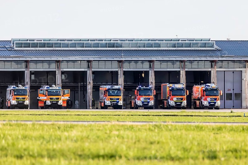 Airport fire brigade at Stuttgart Airport. Fire engines in the fire station. Stuttgart, Baden-Württemberg, Germany
