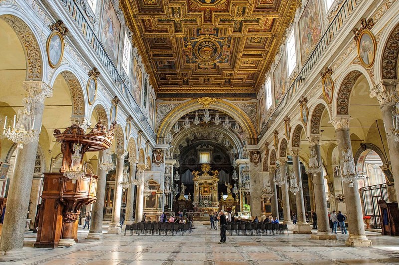 View of central nave with rear chancel of last Roman church built as basilica with Gothic architecture and Romanesque architecture Regional church of Rome Santa Maria in Aracoeli, official name Santa Maria in Ara Coeli al Campidoglio, built next to Capitoline Square, Rome, Lazio, Italy