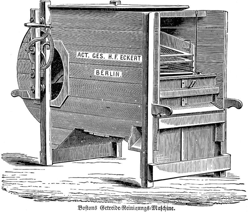 Boston's grain cleaning machine, woodworking, reworking, inscription, Act. Ges. H.F. Eckert Berlin, stock company, agriculture in the 19th century, agricultural engineering, field farming, tillage, industrialisation, historical illustration 1877, Germany