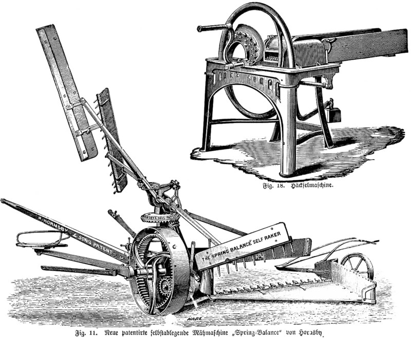 Chopping machine for chopping by hand, crank, new patented self-sealing spring balance by Horasby, inscription, The Spring Balance Self Raker, hay harvesting and haystack laying, agriculture in the 19th century, agricultural engineering, field farming, soil cultivation, industrialisation, historical illustration 1877, Germany