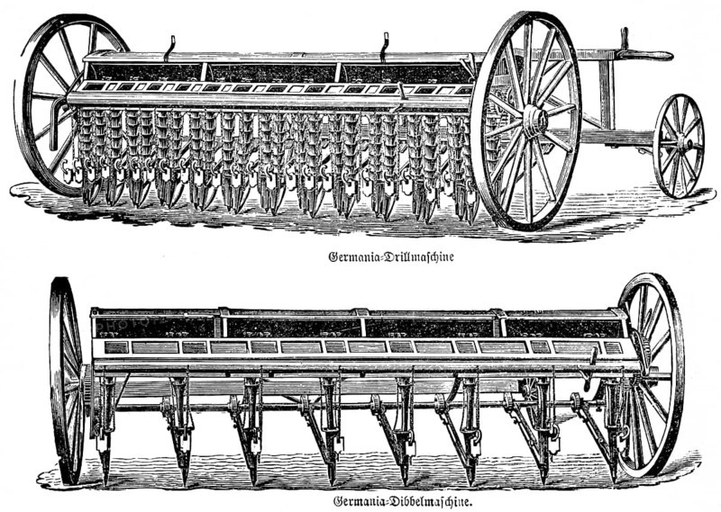 Germania Drill, drill, Germania Dibbelmaschine for sowing, wooden wheels, farm work, agriculture in the 19th century, agricultural engineering, field farming, soil cultivation, industrialisation, historical illustration 1877, Germany