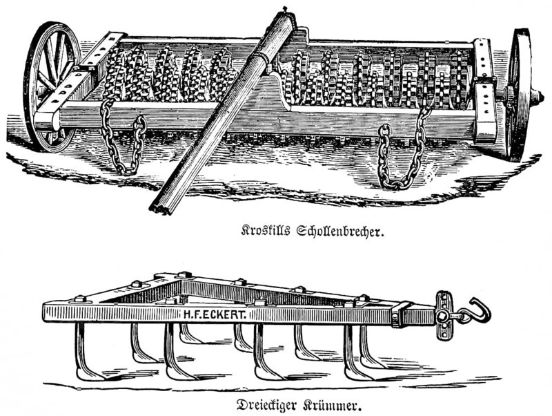 Kroskills clod crusher with iron chains, triangular bend, plough, agriculture in the 19th century, agricultural engineering, field farming, soil cultivation, industrialisation, field work, historical illustration 1877, Germany