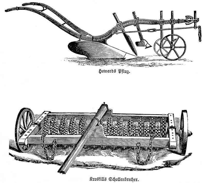 Clifford Howard's plough, Australian inventor and entrepreneur, wheels, handle, Kroskill's clod breaker with iron chains, breaking up the earth, 19th century agriculture, agricultural engineering, field farming, field work, tillage, industrialisation, historical illustration 1877, Germany