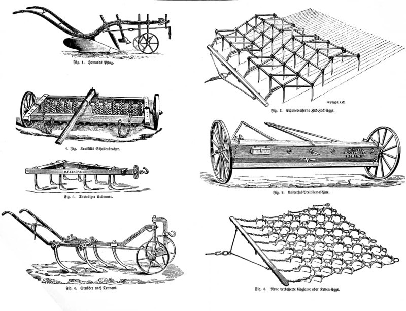 Howard's plough, wrought-iron zig-zag harrow, Kroskill's clod crusher, triangular bend, universal seed drill, Tennant cultivator, chain harrow, agriculture in the 19th century, agricultural engineering, field farming, tillage, field work, industrialisation, historical illustration 1877, Germany
