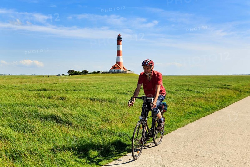 Cyclist, cycle tour through salt marshes, Westerheversand lighthouse on the horizon, Cirrus, Westerhever, Eiderstedt, North Frisia, Schleswig-Holstein, Germany