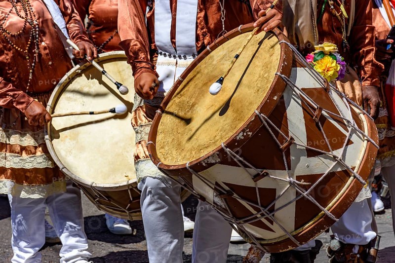 Drums and colorful clothes on the streets of Belo Horizonte at the Congado festival in Minas Gerais, Belo Horizonte, Minas Gerais, Brazil