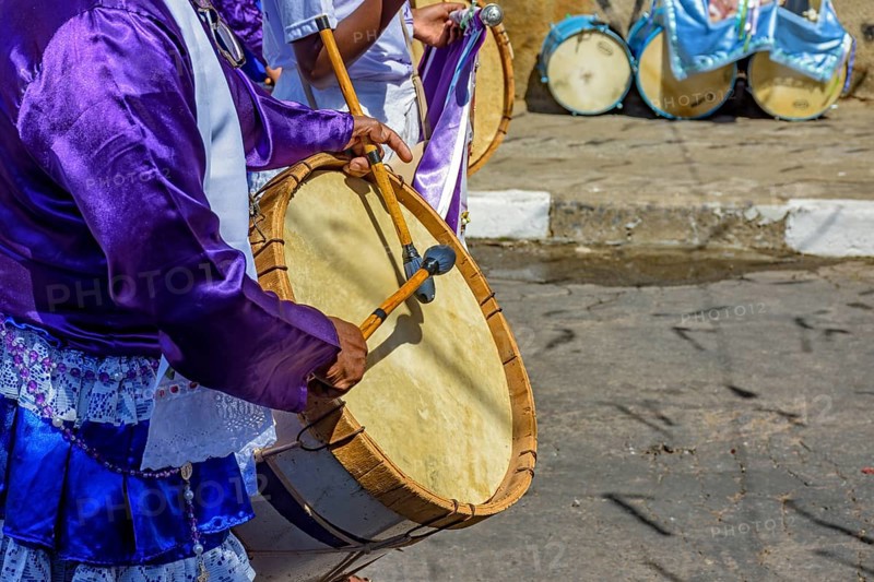 Congado parade with musicians and their drums and colorful clothes on the streets of Belo Horizonte, Minas Gerais