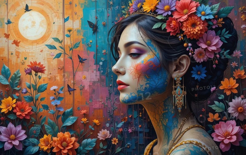 A vibrant artwork showcases a woman adorned with floral headpiece and face paint, set against a colorful background with flowers and butterflies, AI generated
