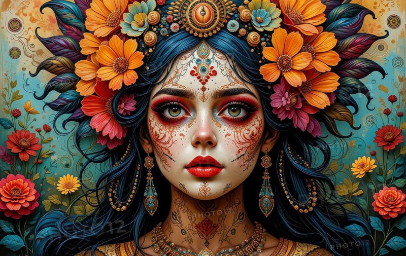 This vibrant image features a woman's face adorned with floral headdress and intricate face paint, showcasing a rich cultural aesthetic, AI generated