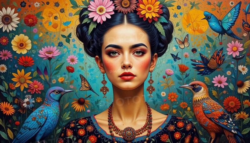 A vibrant portrait of a woman adorned with flowers and birds, set against a backdrop of colorful blooms, AI generated