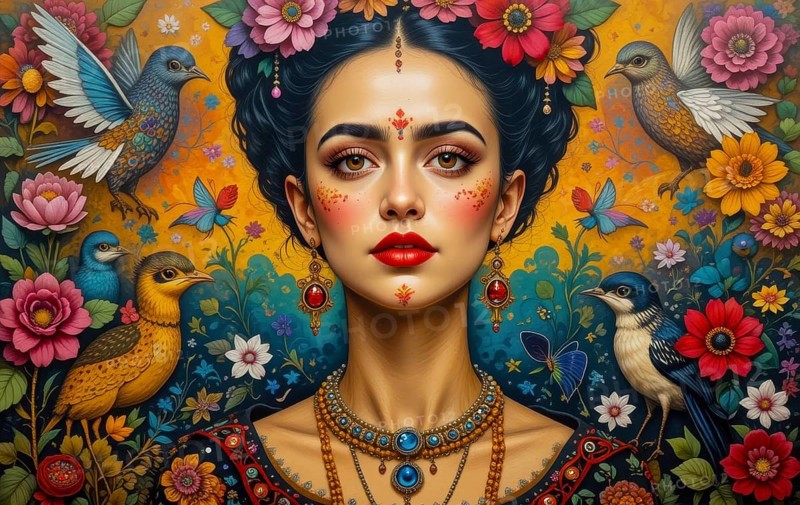 A captivating portrait of a woman adorned with flowers and birds, emanating beauty and cultural richness, AI generated