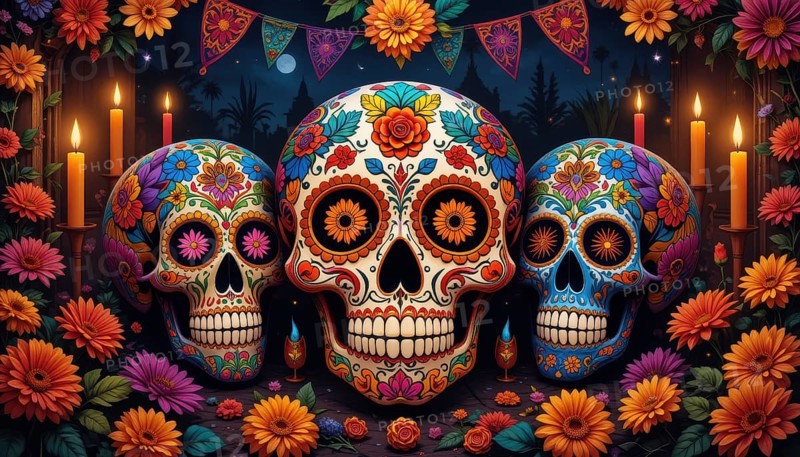 Vibrant artwork depicting three intricately decorated sugar skulls, surrounded by flowers and candles, celebrating Día de Muertos, AI generated