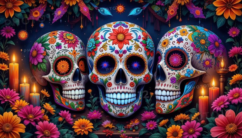 Vibrant artwork depicting three decorated sugar skulls with flowers, candles, and festive decorations, celebrating the Day of the Dead, AI generated