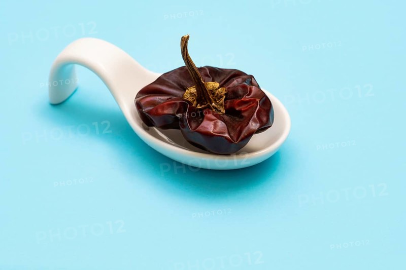 White ceramic spoon with dried bell pepper and blue bottom