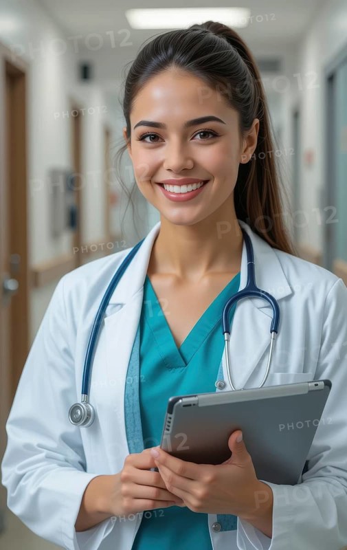 A smiling female doctor stands in a hospital hallway, holding a tablet and wearing a stethoscope. She appears friendly and approachable, AI generated