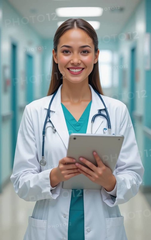 A smiling female doctor in a white coat and stethoscope holds a tablet in a hospital hallway, AI generated