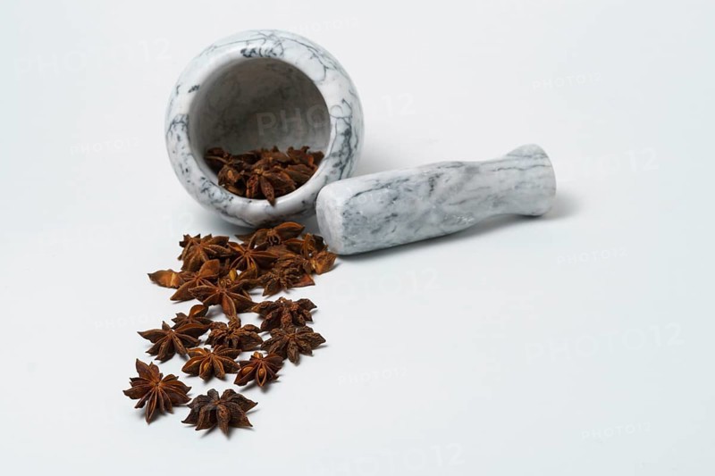 Close-up of star anise illicium verum in a white dish with a marble mortar isolated on white background and copy space