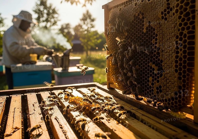 A close-up of a honeycomb frame bustling with honeybees, with a blurred beekeeper and beehive in the sunny background, highlighting beekeeping AI Generated
