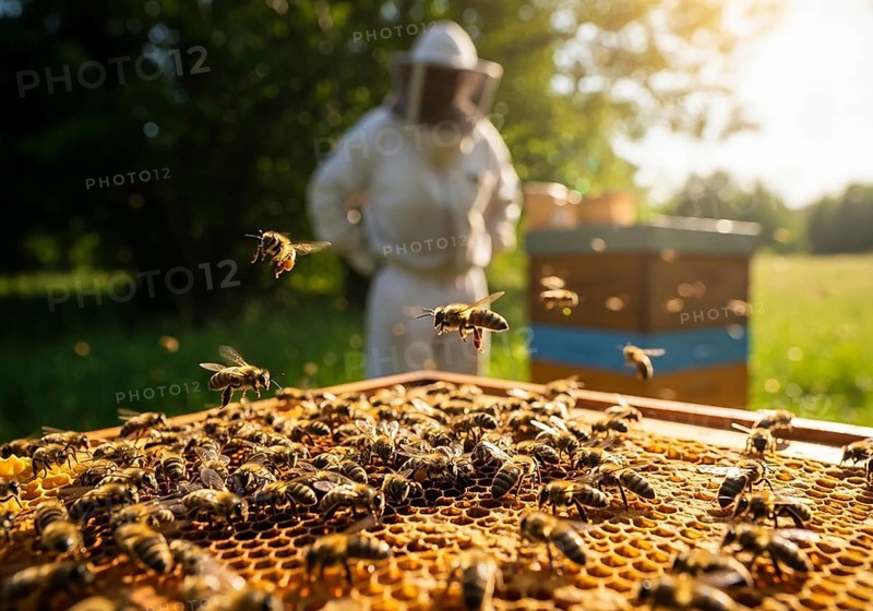 A close-up of a honeycomb frame bustling with honeybees, with a blurred beekeeper and beehive in the sunny background, highlighting beekeeping AI Generated