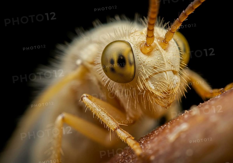 : Extreme close-up of an insect's head, revealing intricate compound eyes, delicate antennae, and fine hairs, against a dark, blurred background AI Generated