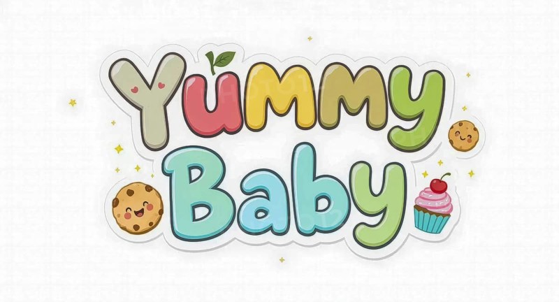 This adorable image features the words 'Yummy Baby' in colorful, playful lettering, accompanied by cute illustrations of cookies and a cupcake, AI generated