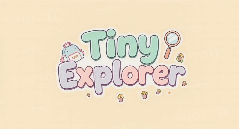 A cute illustration of the words Tiny Explorer accompanied by a backpack, magnifying glass, and paw prints on a beige background, AI generated