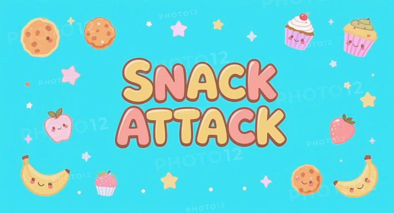 A cute illustration with a Snack Attack theme, featuring various snacks, and cartoon characters on a vibrant teal background, AI generated