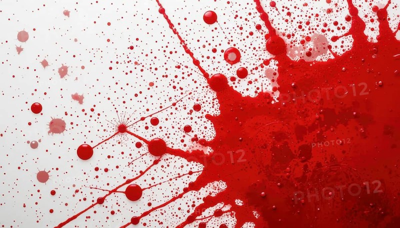 Abstract red paint splatter on white background. Artistic paint drops creating dynamic and expressive texture, AI generated